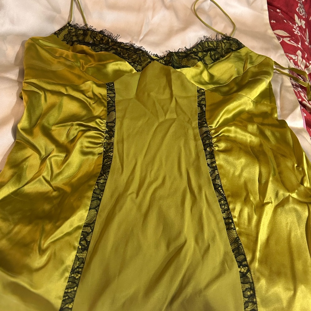 Diane Von Furstenberg Olive Green Satin camisole with Black Lace Trim